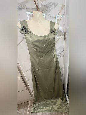 Elegant Olive Green Satin Dress with Rosette Straps